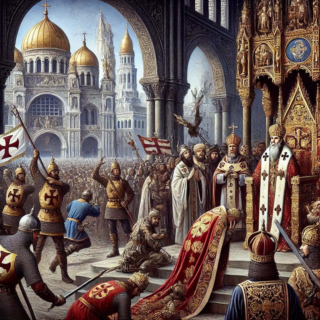 DALL·E 2024-10-21 06.59.01 - An oil painting style illustration depicting the Iconoclasm controversy and the coronation of Charlemagne. On the left, Byzantine Emperor Leo III is s.jpg