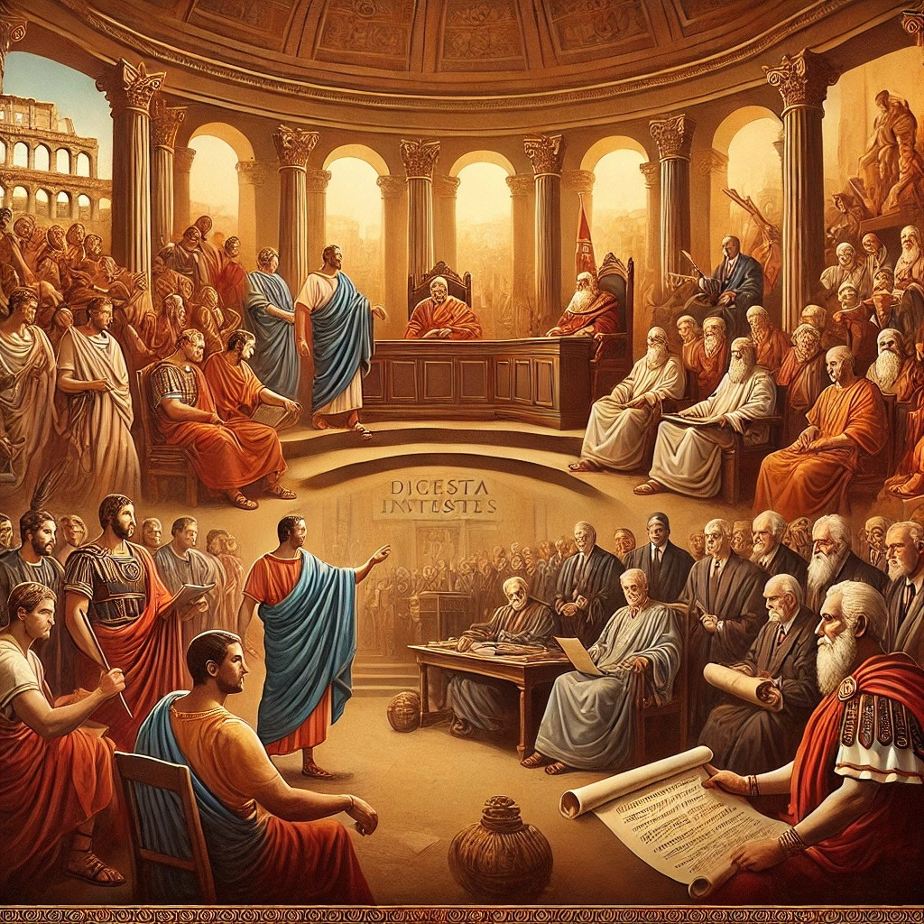 DALL·E 2024-09-09 17.46.51 - An oil painting style illustration depicting the evolution of Roman law from the early monarchy period to the Justinian Code compilation. The scene is.jpg