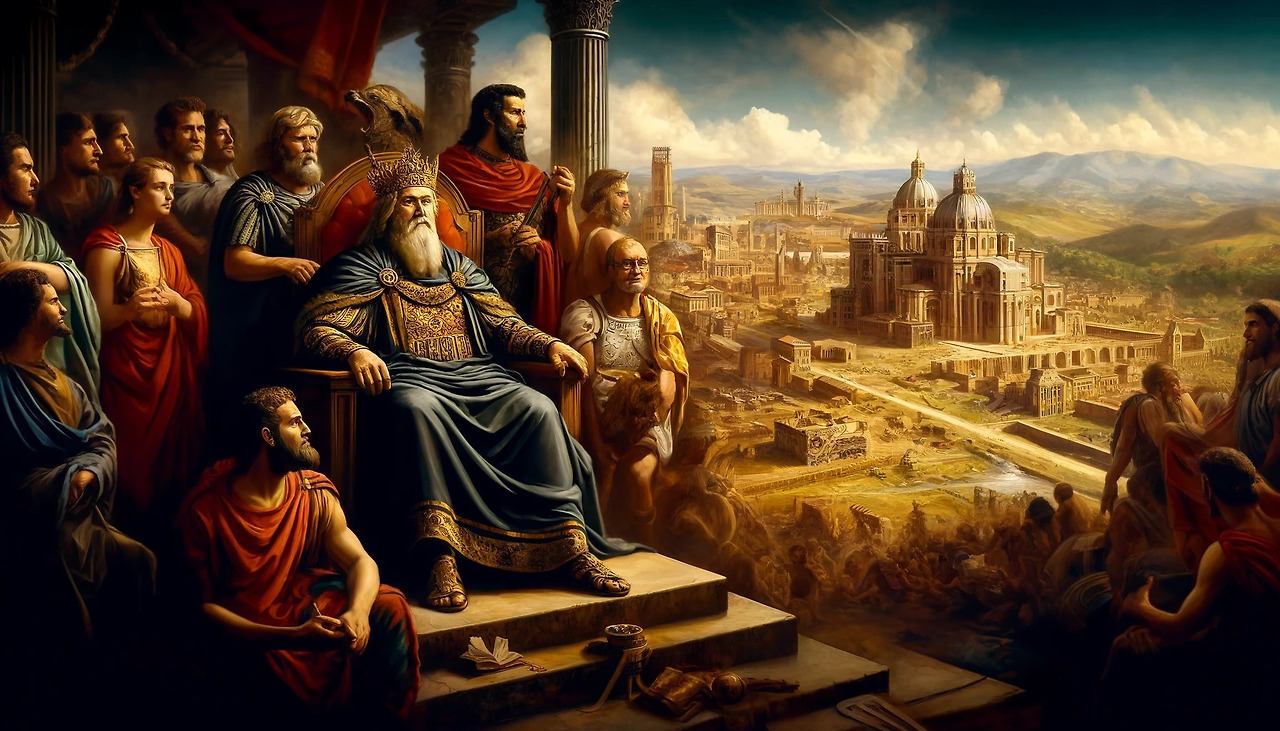 DALL·E 2024-08-05 11.33.03 - A dramatic oil painting depicting Theodoric the Great, King of the Ostrogoths, ruling over Italy. Theodoric is shown in regal attire, seated on a thro.jpg