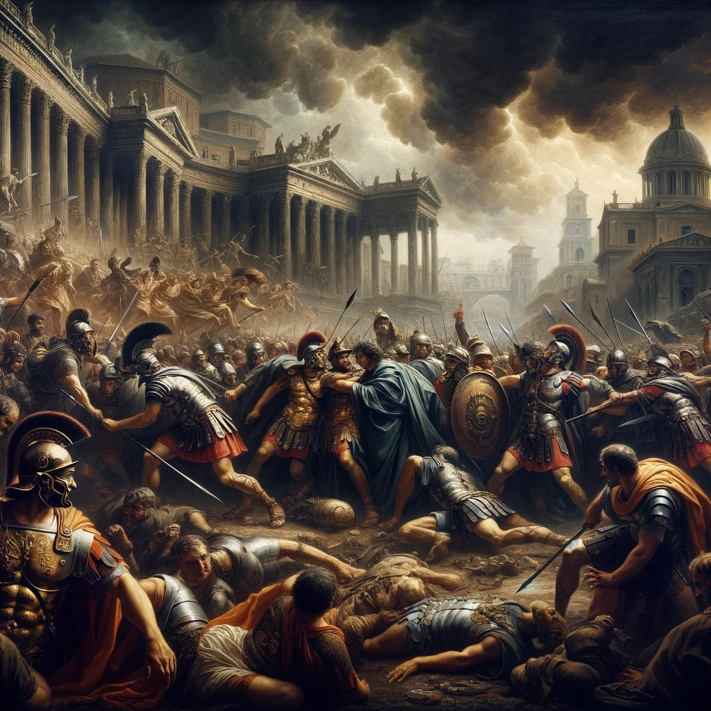 DALL·E 2024-05-12 23.09.02 - A dramatic historical oil painting depicting an intense internal conflict during the Roman Empire, focusing on a civil war scene. The painting shows R.jpg