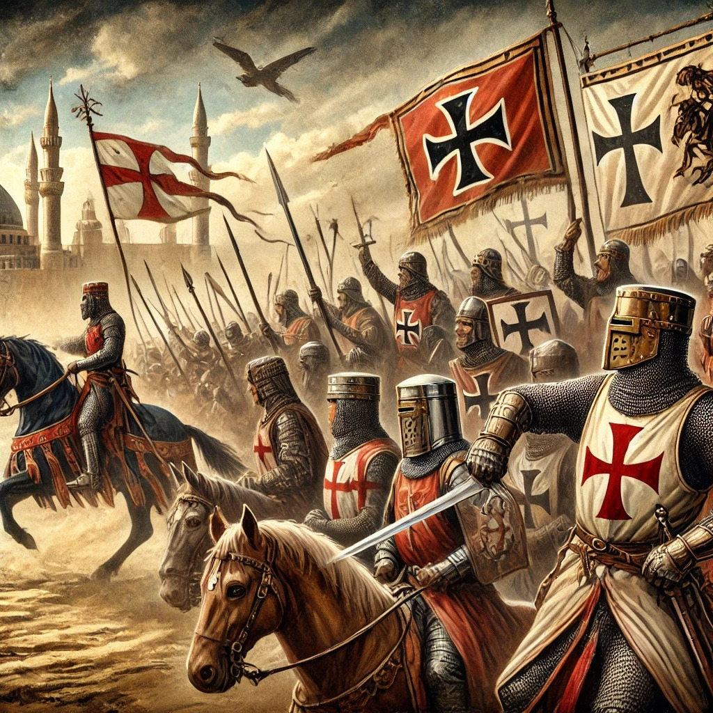 DALL·E 2024-12-23 09.25.18 - An oil painting style illustration depicting the Third Crusade, featuring a dramatic battle scene between Crusader knights led by Richard the Lionhear.jpg