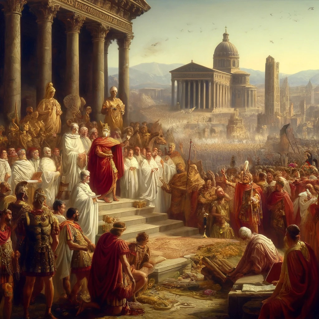 DALL·E 2024-05-20 10.19.57 - A dramatic oil painting depicting the transformation of the Roman Empire under Theodosius I. The scene shows the grand scale of the Roman Empire with .jpg