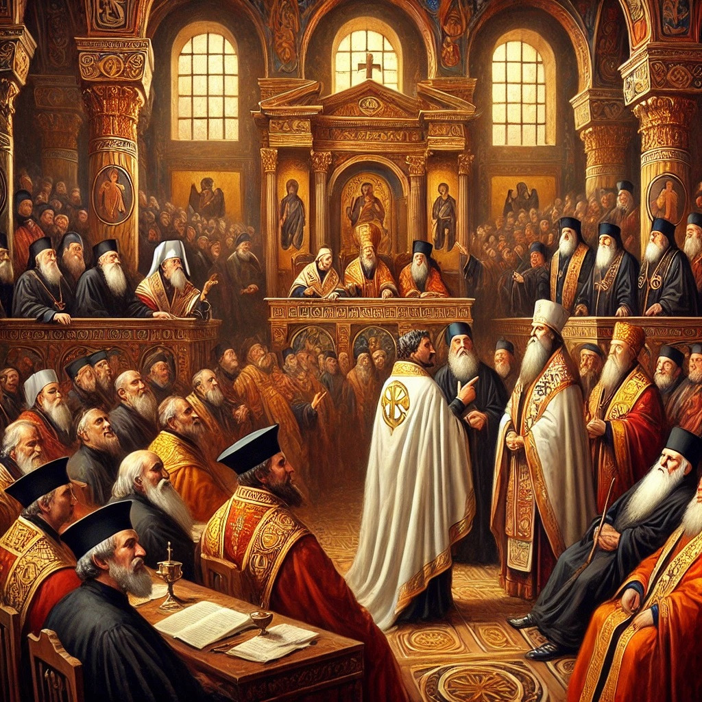 DALL·E 2024-10-07 08.11.54 - An oil painting style illustration depicting the Council of Chalcedon, a historic Christian theological debate. The scene shows a grand hall in a Byza.jpg