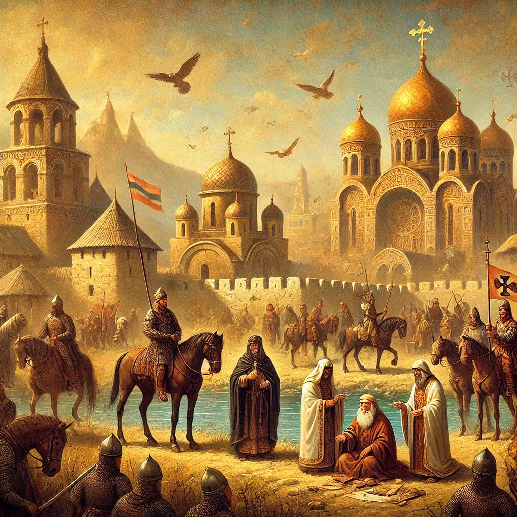 DALL·E 2024-11-25 09.20.09 - An oil painting style illustration depicting 10th-century Eastern Europe transformations. The scene includes Bulgarians establishing settlements, Magy.jpg