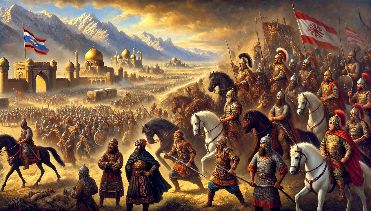 DALL·E 2024-08-20 10.29.23 - A dramatic oil painting depicting a historical scene from the late antiquity period. The central focus is on the interactions between various tribes a.jpg