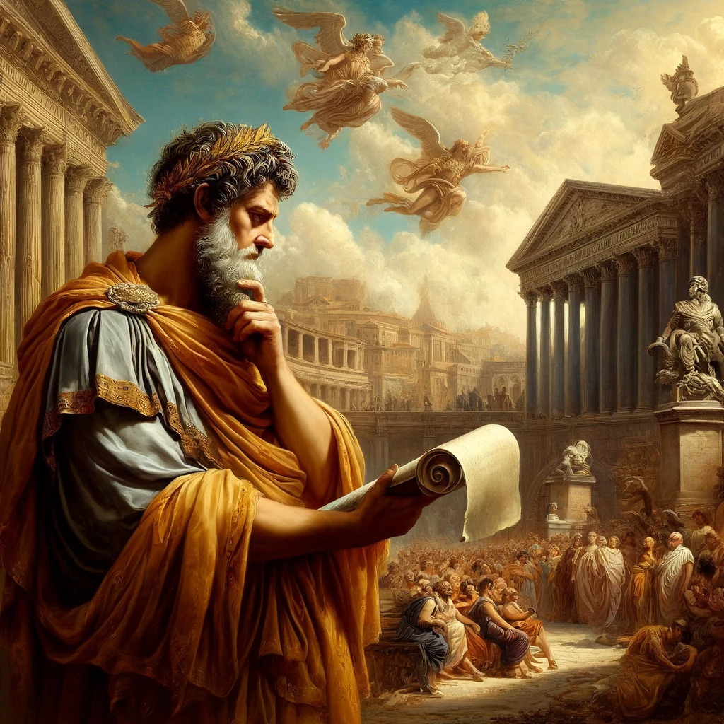 DALL·E 2024-04-07 21.40.50 - A majestic and thoughtful Julian the Apostate, robed in imperial garments, stands before a grand Roman landscape, pondering over a scroll that contain.jpg
