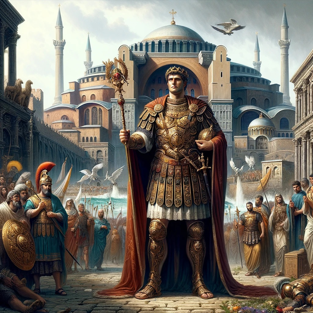 DALL·E 2024-03-10 22.50.22 - A majestic and ancient scene illustrating the Roman Empire during the reign of Constantine the Great. In the center, a regal figure of Constantine sta.jpg