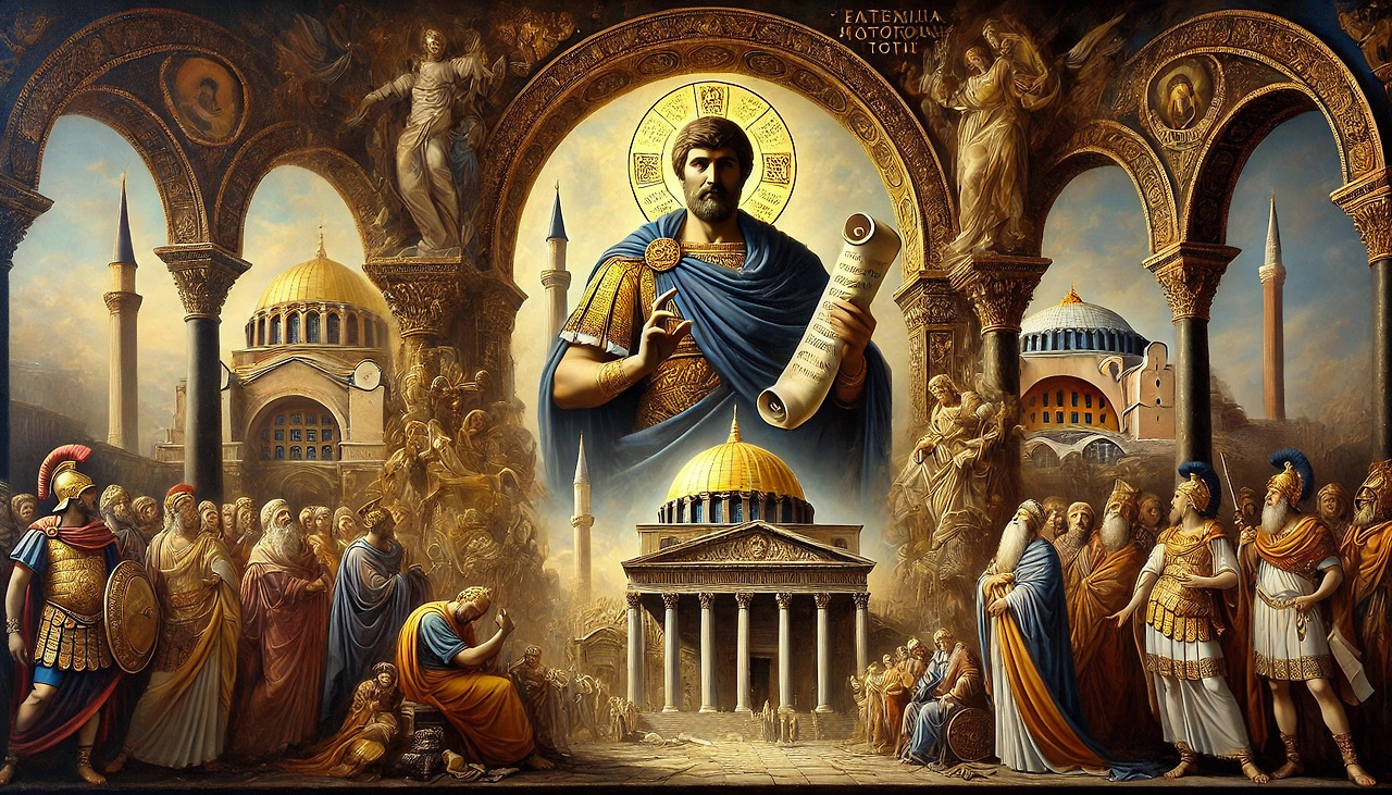 DALL·E 2024-08-12 10.06.07 - A grand, dramatic oil painting depicting Emperor Justinian I at the center, symbolizing his reign over the Byzantine Empire. Justinian is holding a sc.jpg