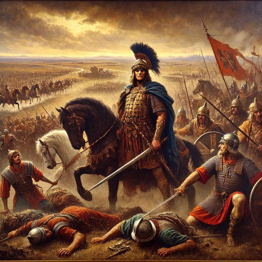 DALL·E 2024-07-01 09.20.38 - A dramatic oil painting depicting the Battle of the Catalaunian Plains. The scene shows Attila the Hun leading his forces against the united Roman and.jpg