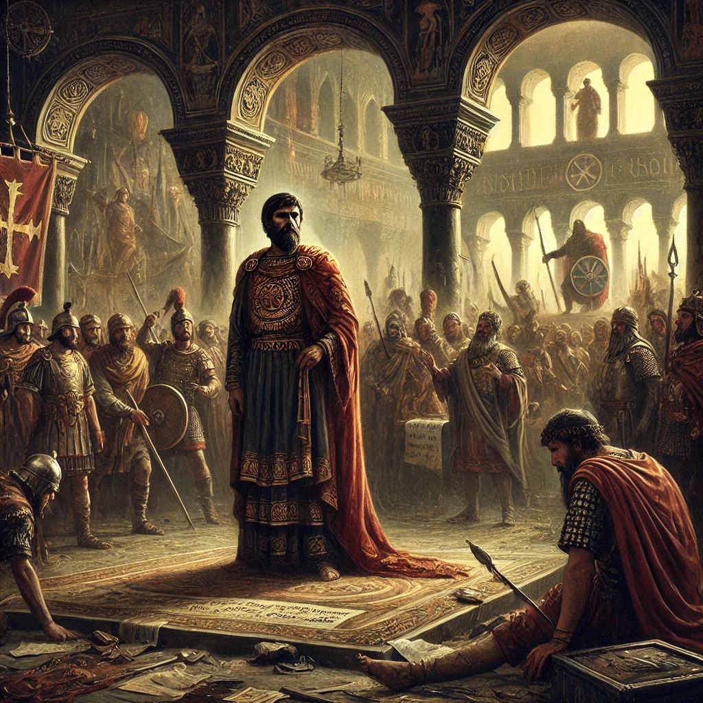 DALL·E 2024-10-14 06.39.36 - An oil painting style illustration depicting the decline of the Byzantine Empire. The scene shows a Byzantine emperor standing at the center, symboliz.jpg
