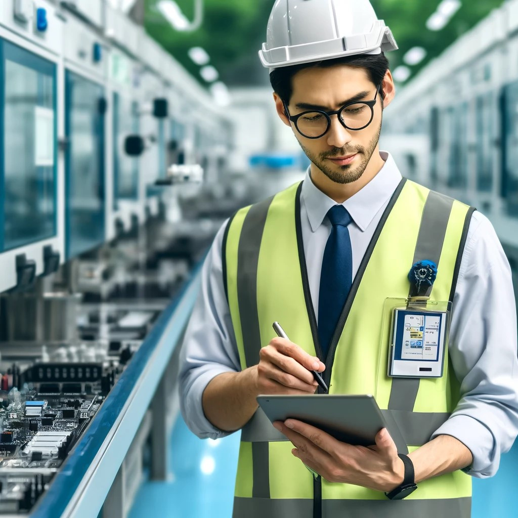 DALL·E 2024-05-31 13.12.09 - A professional image showing a handsome Asian man, wearing glasses, a safety helmet, and a safety vest, in a semiconductor manufacturing plant. The ma.jpg