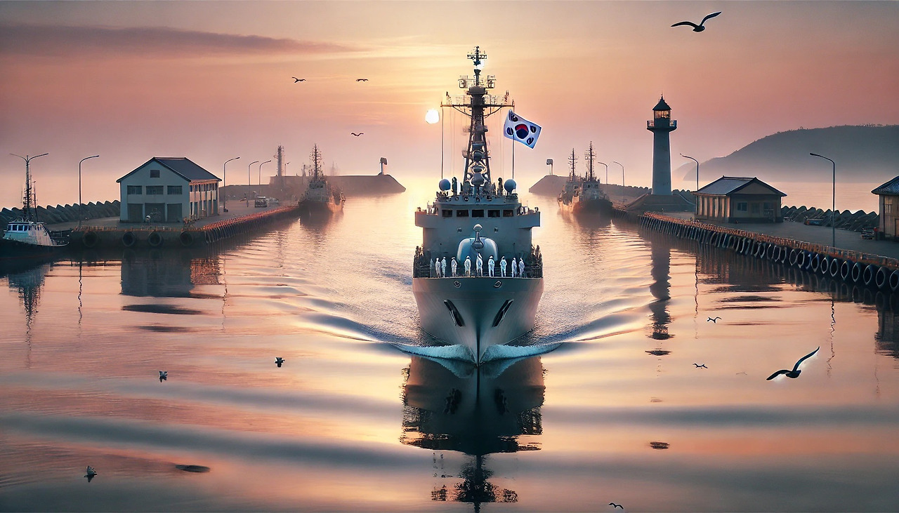 DALL·E 2025-02-22 11.42.52 - A peaceful South Korean naval vessel departing from a tranquil harbor at sunrise. The ship, painted in soft navy gray, smoothly glides through the cal.jpg