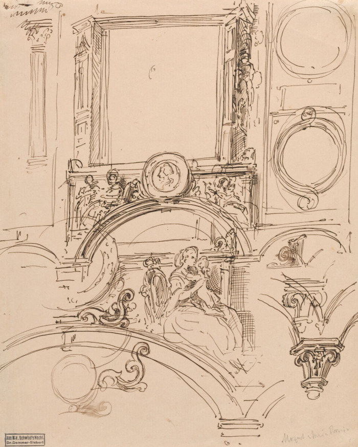 젊은 볼프강 아마데우스 모차르트를 안고 있는 테레지아 황후의 벽 장식에 대한 건축 세부사항 (1864).jpg