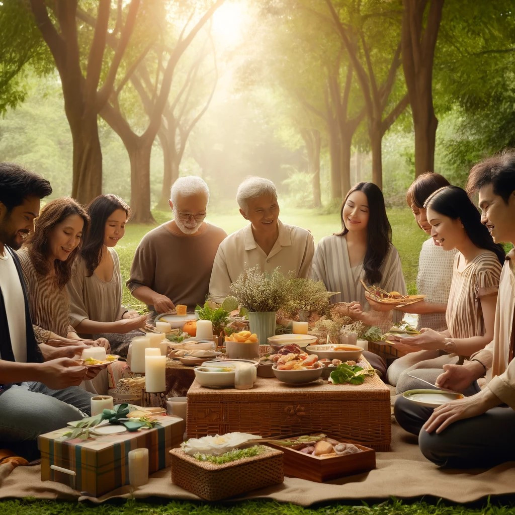 DALL·E 2024-06-01 19.18.33 - A peaceful and serene funeral scene depicting a diverse group of friends and family gathered around a picnic setup in a lush green park. They are shar.jpg