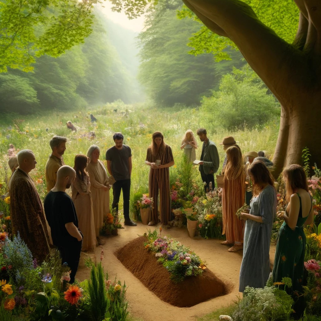 DALL·E 2024-06-01 19.23.43 - A serene eco-friendly funeral scene in a lush, forested area, depicting a natural burial without a casket. A large group of people of diverse ages and.jpg