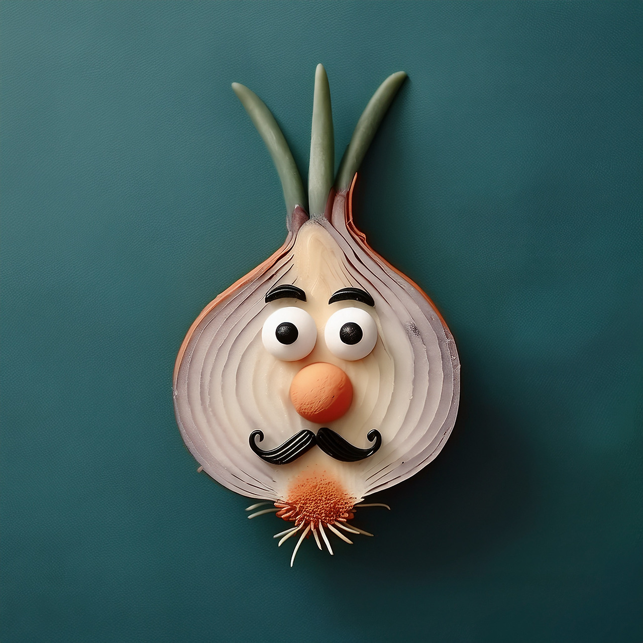 Firefly 찰흙으로 만든 눈 코 입 달린 양파 1개, 진한 초록색 종이 배경, top view 54009.jpg