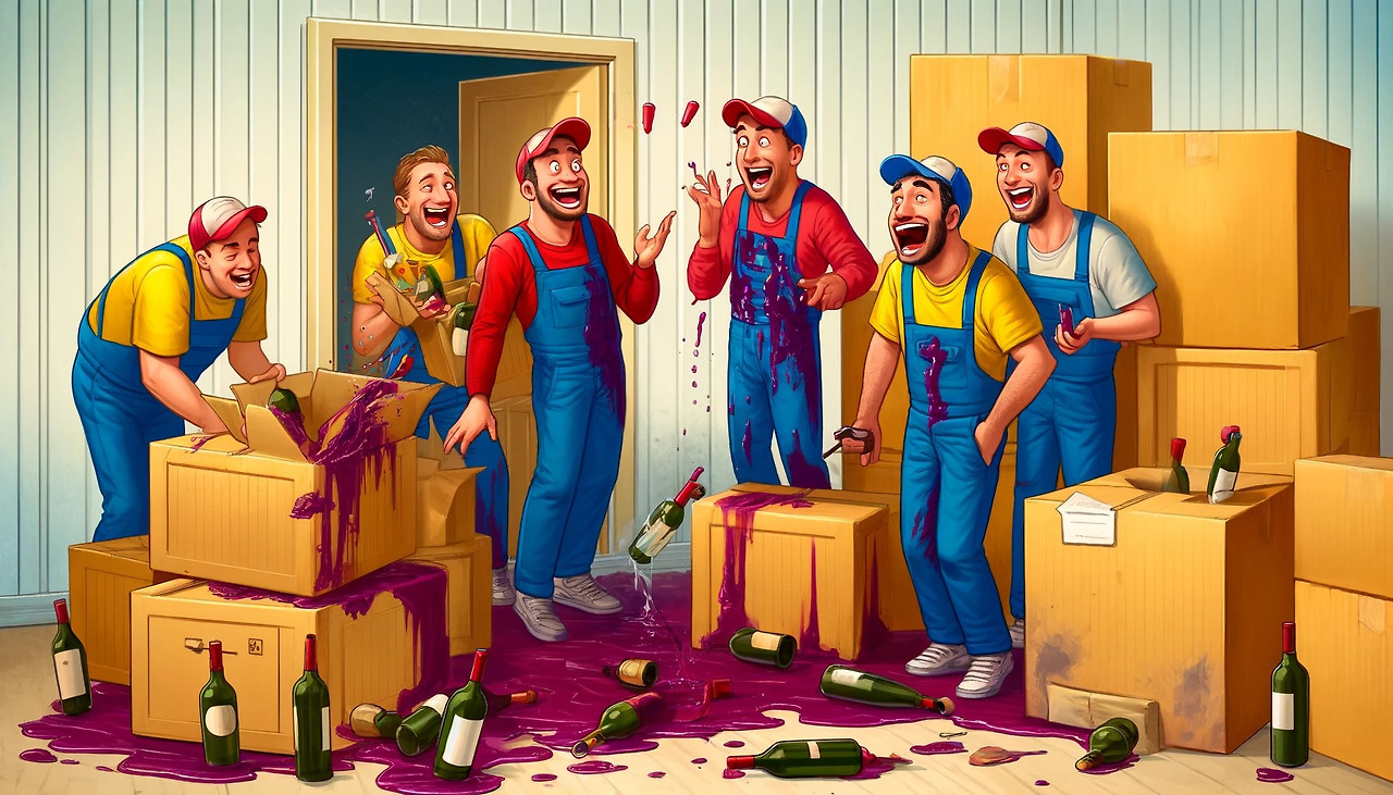 DALL·E 2024-04-02 20.45.00 - The humorous side of the awkward situation caused by wine bottles exploding in a moving container, A depiction of the initial shock giving way to laug.jpg