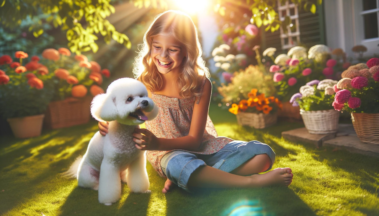 DALL·E 2024-02-27 08.32.46 - A cheerful girl is spending time with her beloved Bichon Poodle in a sunlit garden. The scene is filled with warmth and joy. The girl, with a bright s.jpg