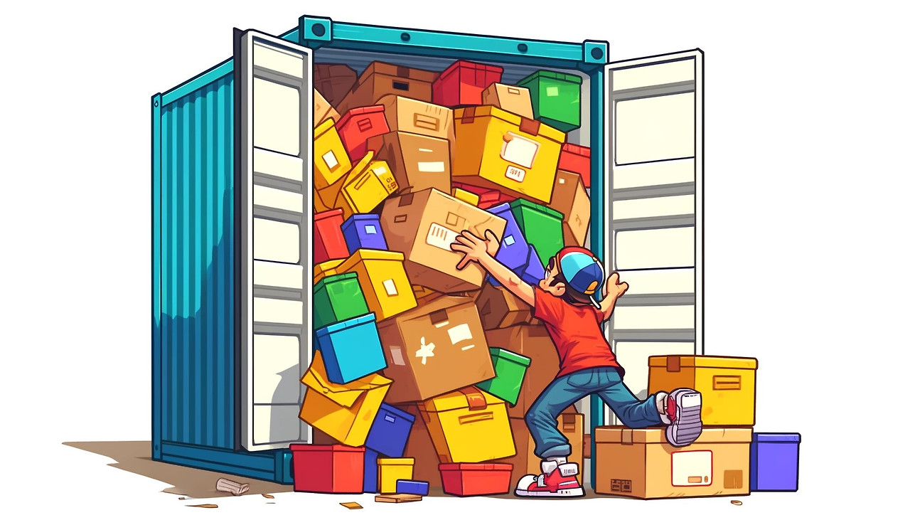 DALL·E 2024-04-08 16.55.50 - Cartoon of someone rummaging through boxes in a moving container, A vibrant, cartoon-style depiction of a person humorously searching through overly l.jpg