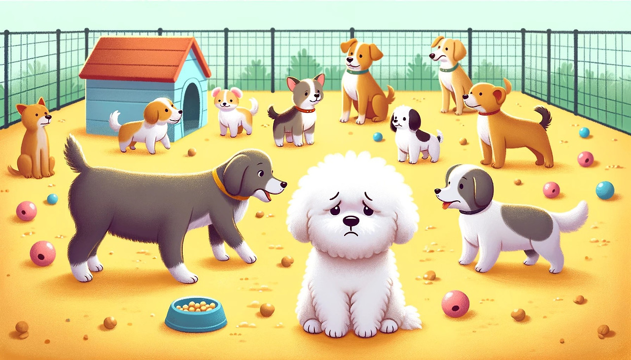 DALL·E 2024-03-11 23.50.23 - A sensitive 14_9 format illustration that depicts a Bichon Frise dog feeling out of place in a pet kindergarten. The setting is a vibrant pet kinderga.jpg