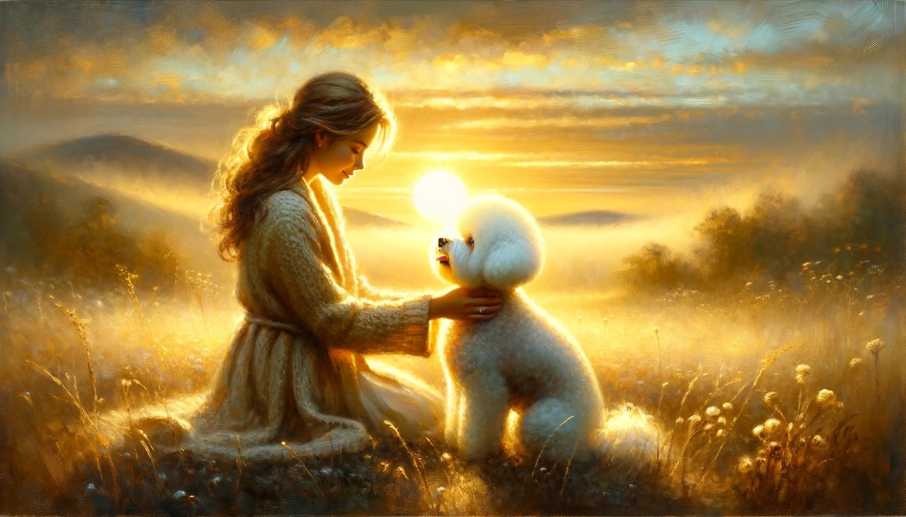 DALL·E 2024-03-12 00.01.11 - An oil painting style illustration in a 14_9 format, capturing a tender moment full of love between a Bichon Frise dog and its owner, Victoria, in the.jpg