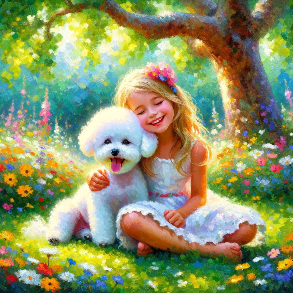 DALL·E 2024-03-26 00.10.48 - Paint an impressionistic scene of a Bichon Frise puppy and a young girl, both radiating happiness, sitting together on a lush green lawn under the gen.jpg