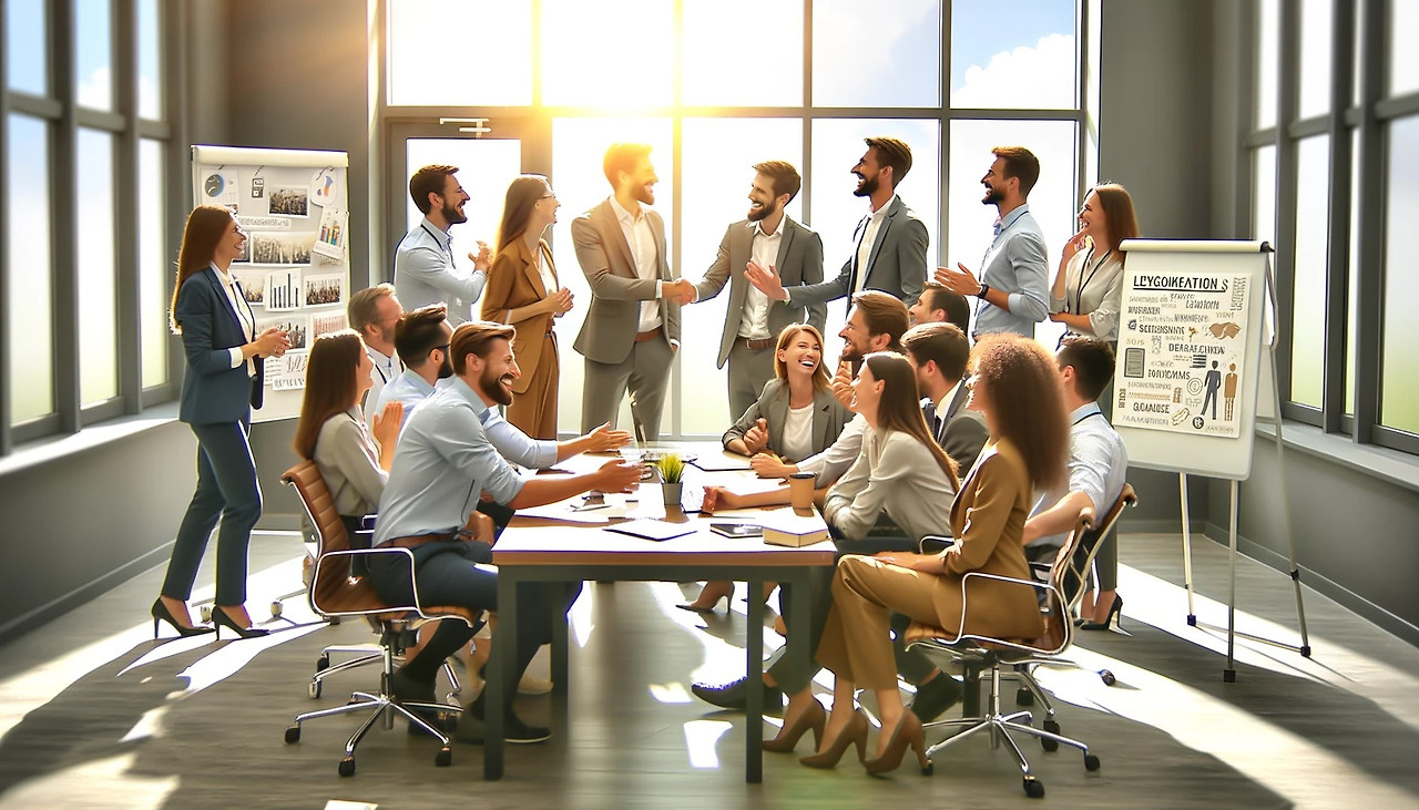 DALL·E 2024-02-25 16.40.29 - A heartwarming and optimistic scene set in an office environment, capturing the moment right after a conflict has been successfully resolved among cow.jpg