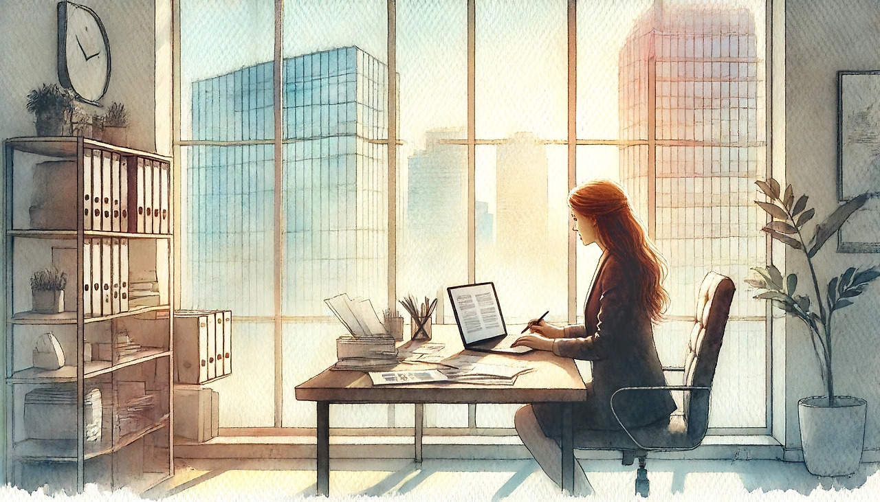 DALL·E 2024-06-14 09.58.24 - A horizontal watercolor painting depicting a public relations person writing a press release in front of a laptop in a bright office. The office is fi.jpg