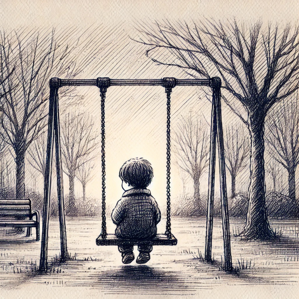 DALL·E 2025-02-06 20.57.58 - A sentimental pen-drawn illustration of a lonely child. The child is sitting alone on a swing in a quiet park at dusk, with a melancholic expression. .jpg