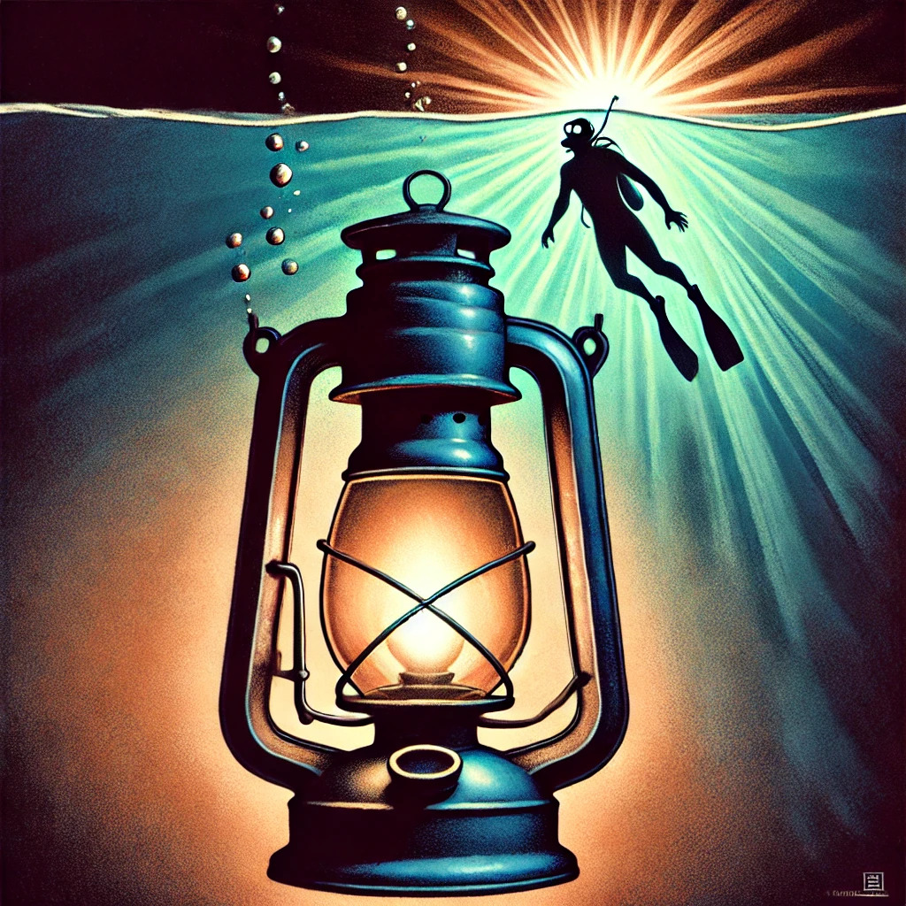 DALL·E 2024-11-21 18.34.45 - A symbolic illustration combining the themes of freediving and gaslighting. The image features a freediver underwater, illuminated by a glowing antiq.jpg