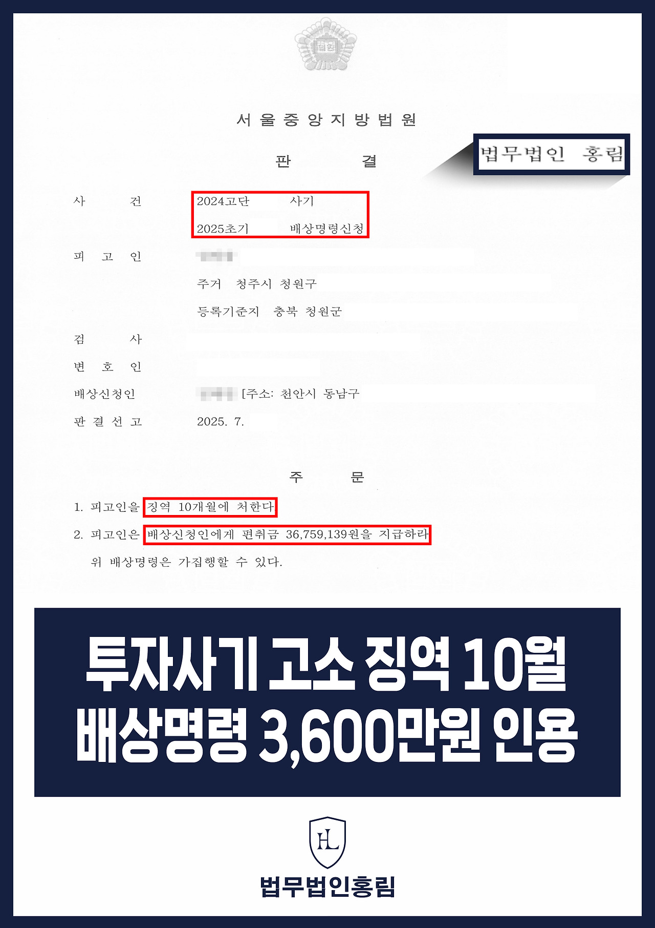 545_투자사기 고소 징역 10월 배상명령 3,600만원 인용.jpg