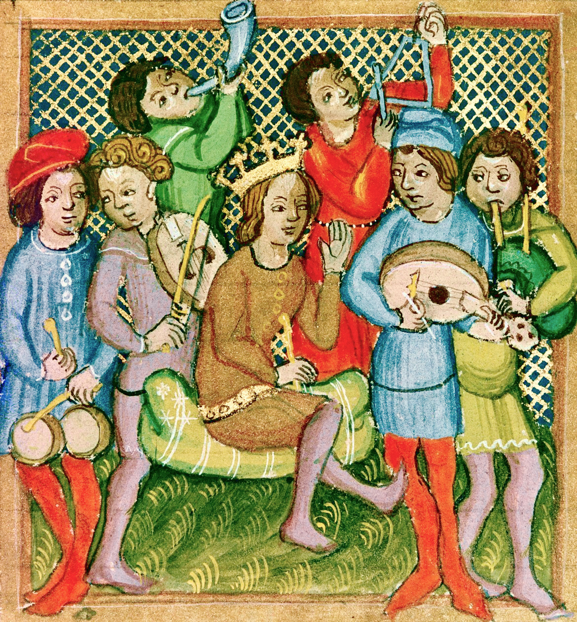 King_David_and_musicians_from_Olomouc_Bible,_folio_276R-_lute_bagpipes_triangle_horn_viola_and_nakers_(drums).jpg
