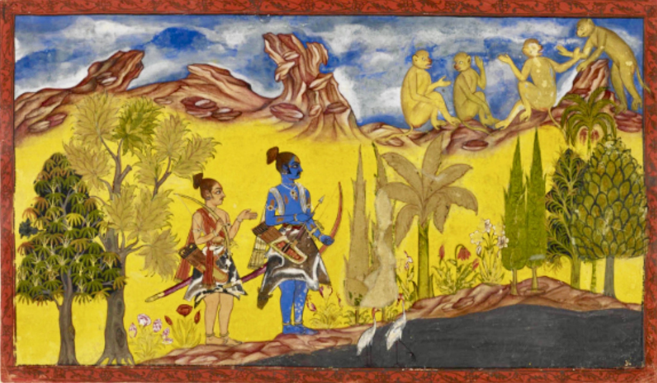 1653_CE_Ramayana_manuscript,_Mewar_manuscript,_Kiskindha_kanda,_Rama_and_Lakshmana_arrive_at_Lake_Pampa_(now_Hampi,_Vijayanagara),_Hanuman_finds_them.jpg