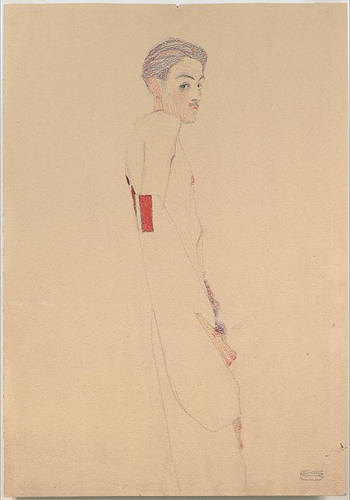 장식이 있는 가운을 입은 누드 자화상 1909.jpg