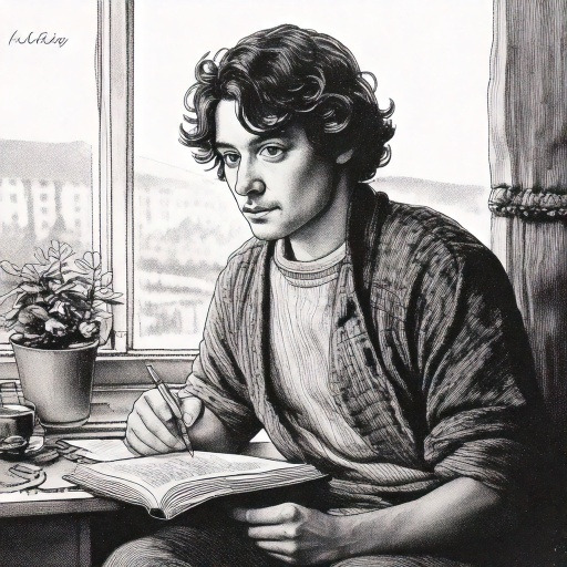 Firefly A soft-focus scene of a person journaling in a cozy room, surrounded by candles and plants, .jpg