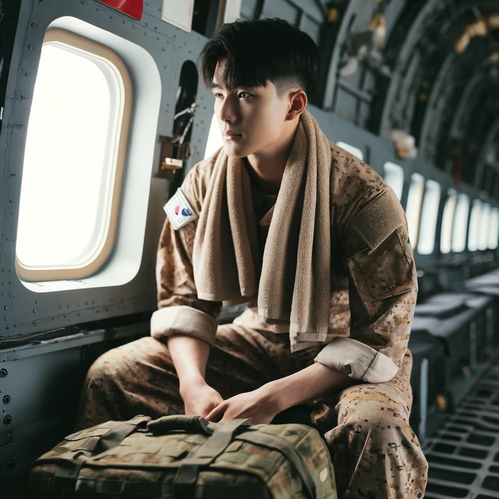 DALL·E 2024-03-31 23.07.07 - A South Korean military soldier wearing a desert camouflage uniform, sitting alone by the window inside a C-130 transport plane, with a towel around h.jpg