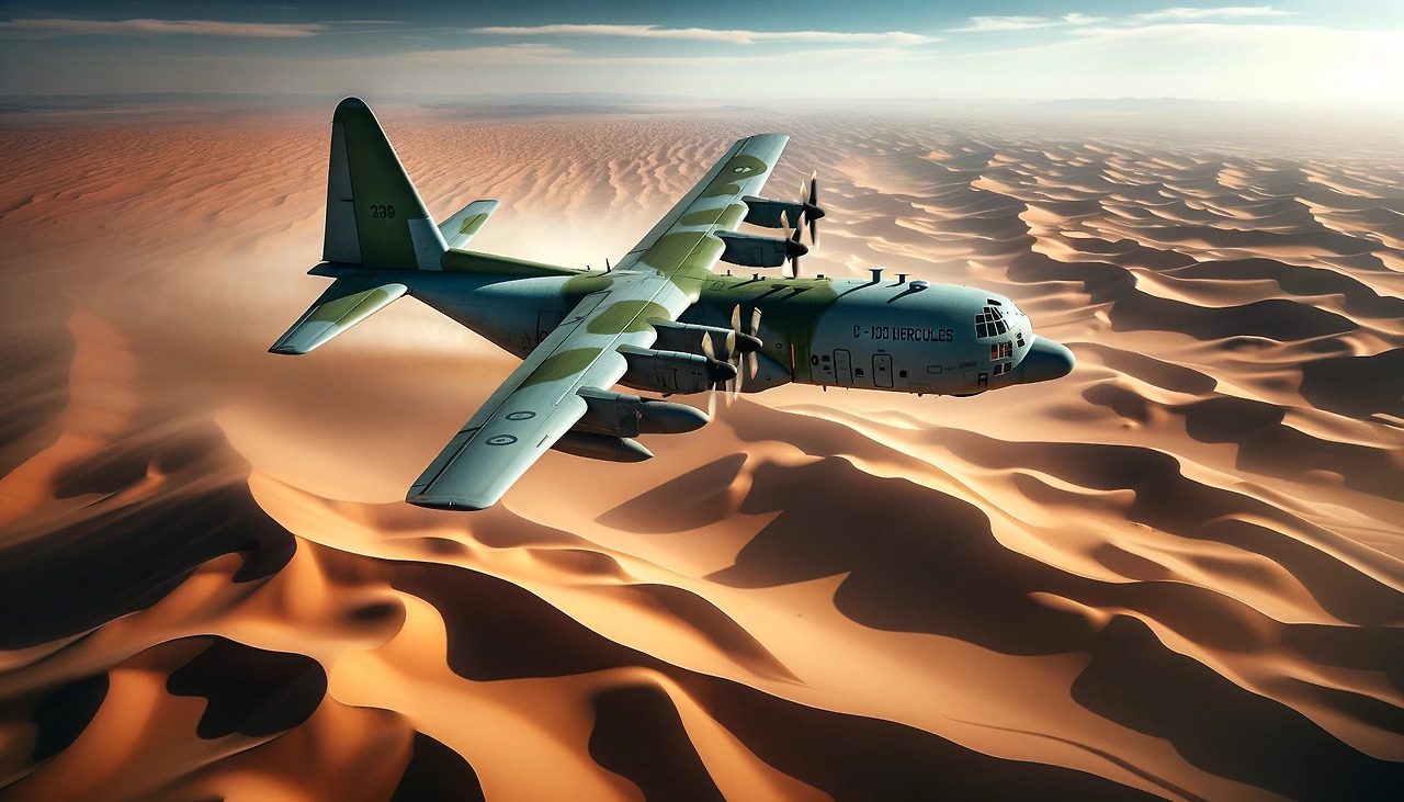 DALL·E 2024-03-31 22.00.40 - A C-130 Hercules military transport aircraft with a green and gray camouflage flying above a sprawling desert with vast sand dunes. The plane is shown.jpg