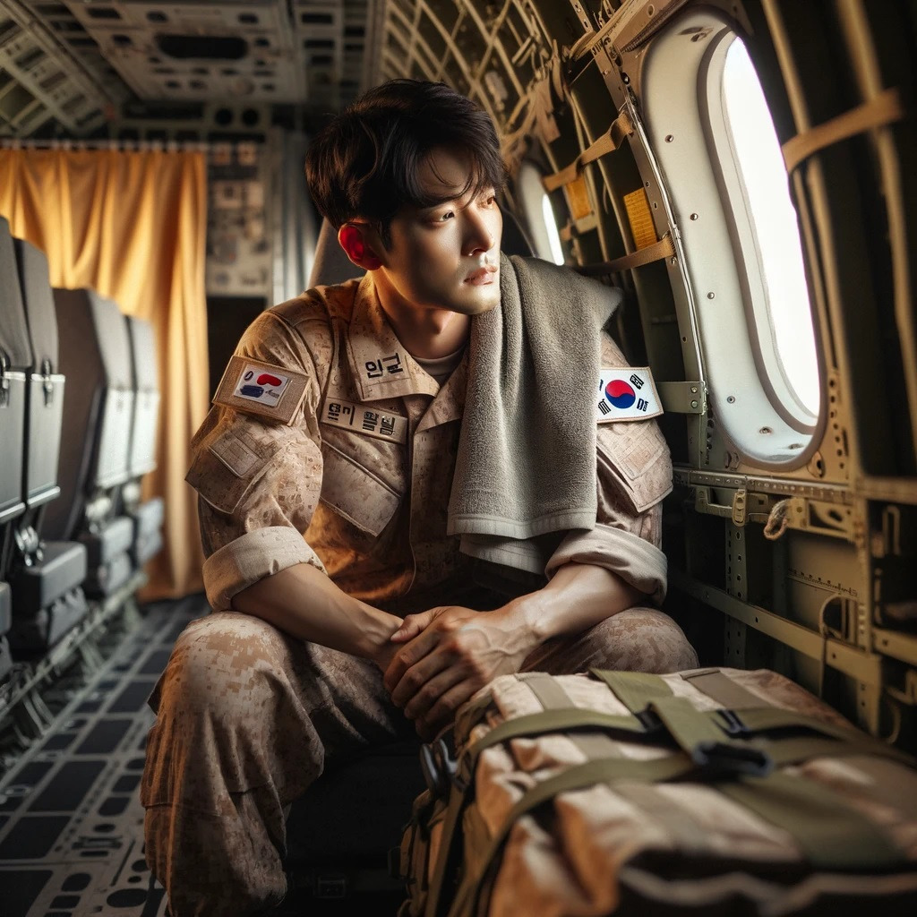 DALL·E 2024-04-01 17.09.36 - A South Korean military soldier in desert camouflage uniform sitting inside a military aircraft, looking out of the window, with a pensive expression.jpg