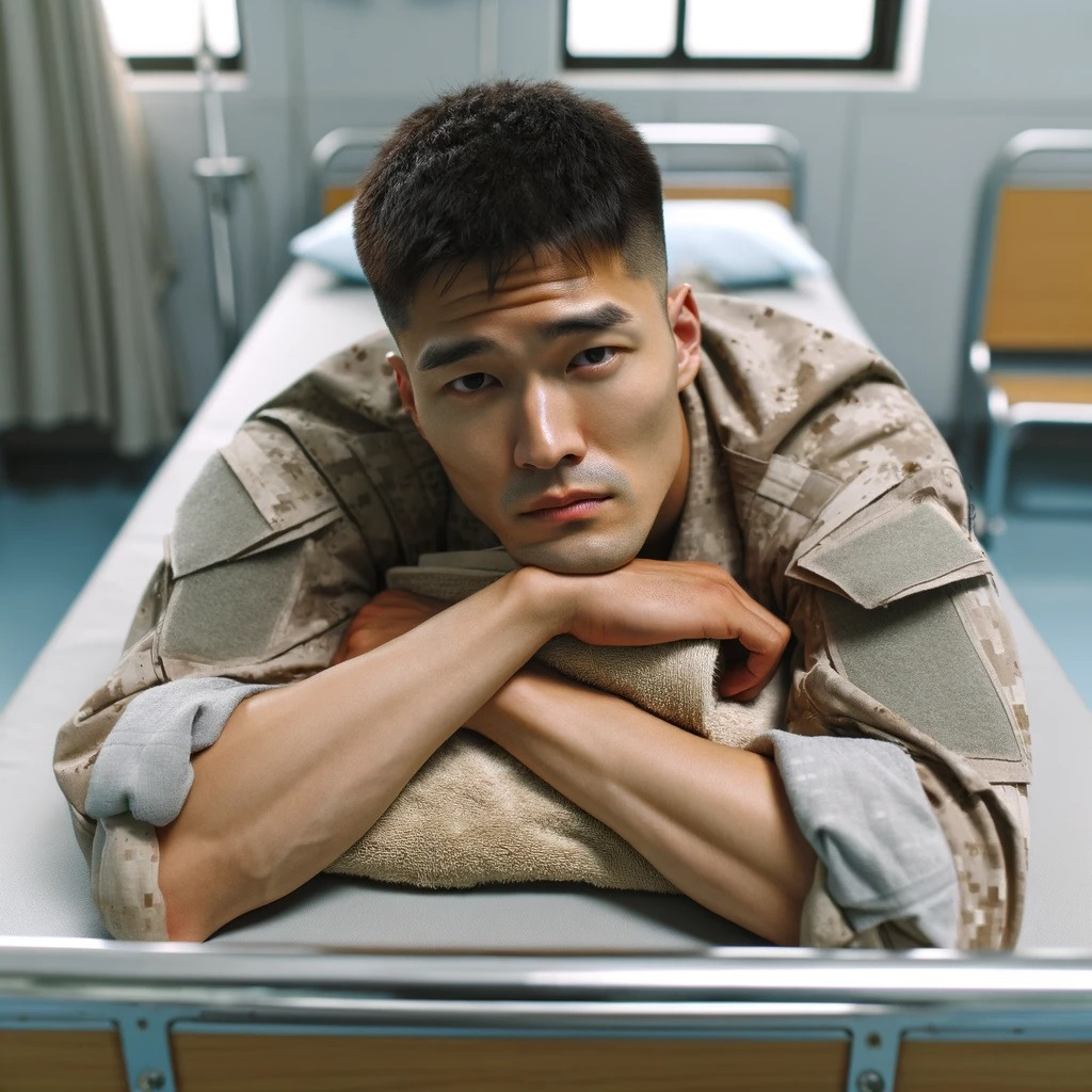 DALL·E 2024-04-01 20.08.18 - A South Korean military soldier with a crew-cut hairstyle, wearing desert camouflage uniform, is lying down on a field bed in an empty hospital ward, .jpg