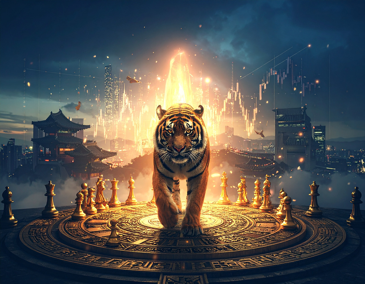 Firefly_-A magnificent tiger emerging from shadows in a mystical realm, with ancient game pie 707437.jpg