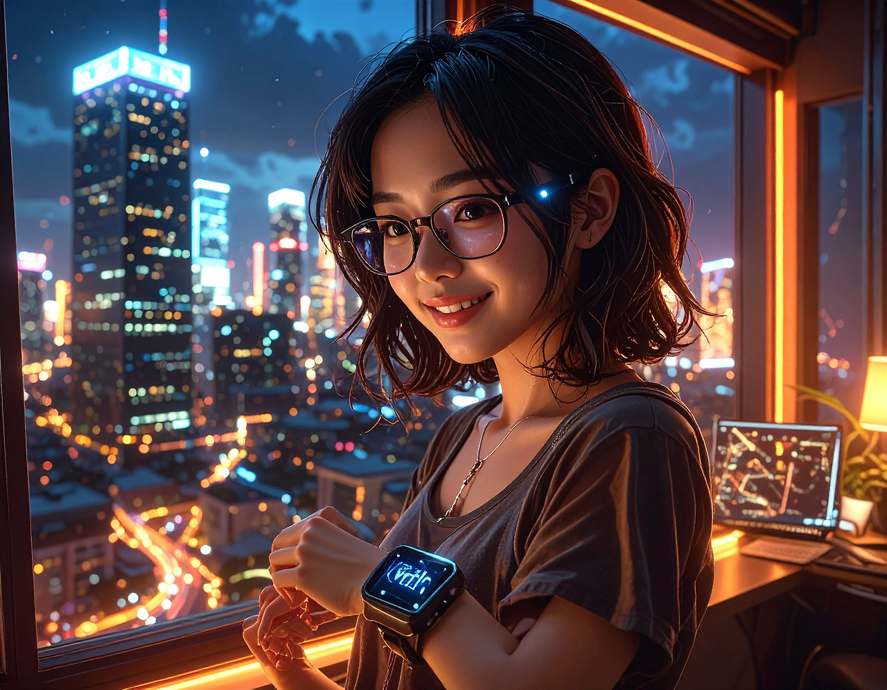 Firefly_A young Korean woman in her early 20s with black-framed glasses standing by a large w 171281.jpg