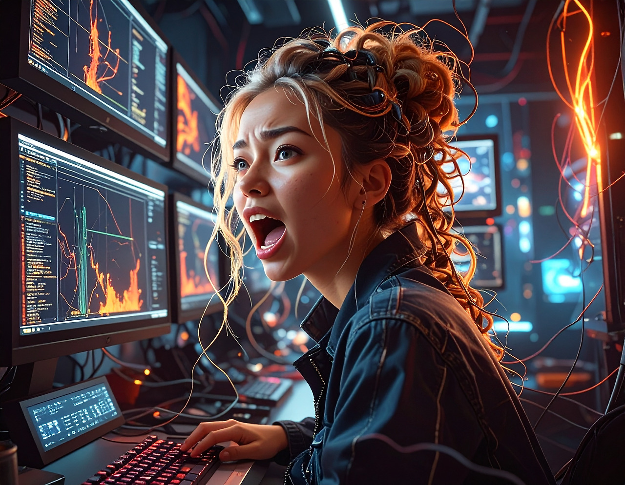 Firefly_마지막에 생성해준 이미지 중 첫번쨰 이미지의 여성캐릭터가 모니터를 바라보면서 절규하는 모습을 만들어줘 344893.jpg