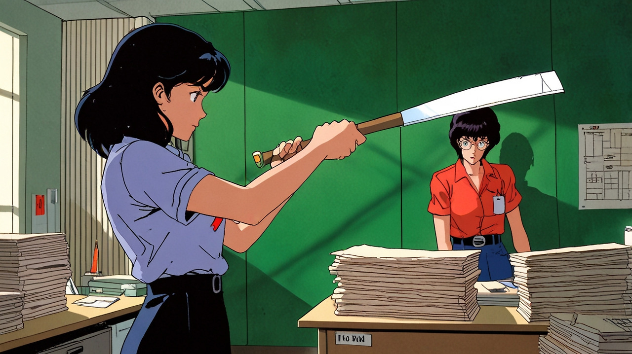Default_A_woman_in_her_20s_is_cutting_paper_with_a_large_axe_i_1.jpg