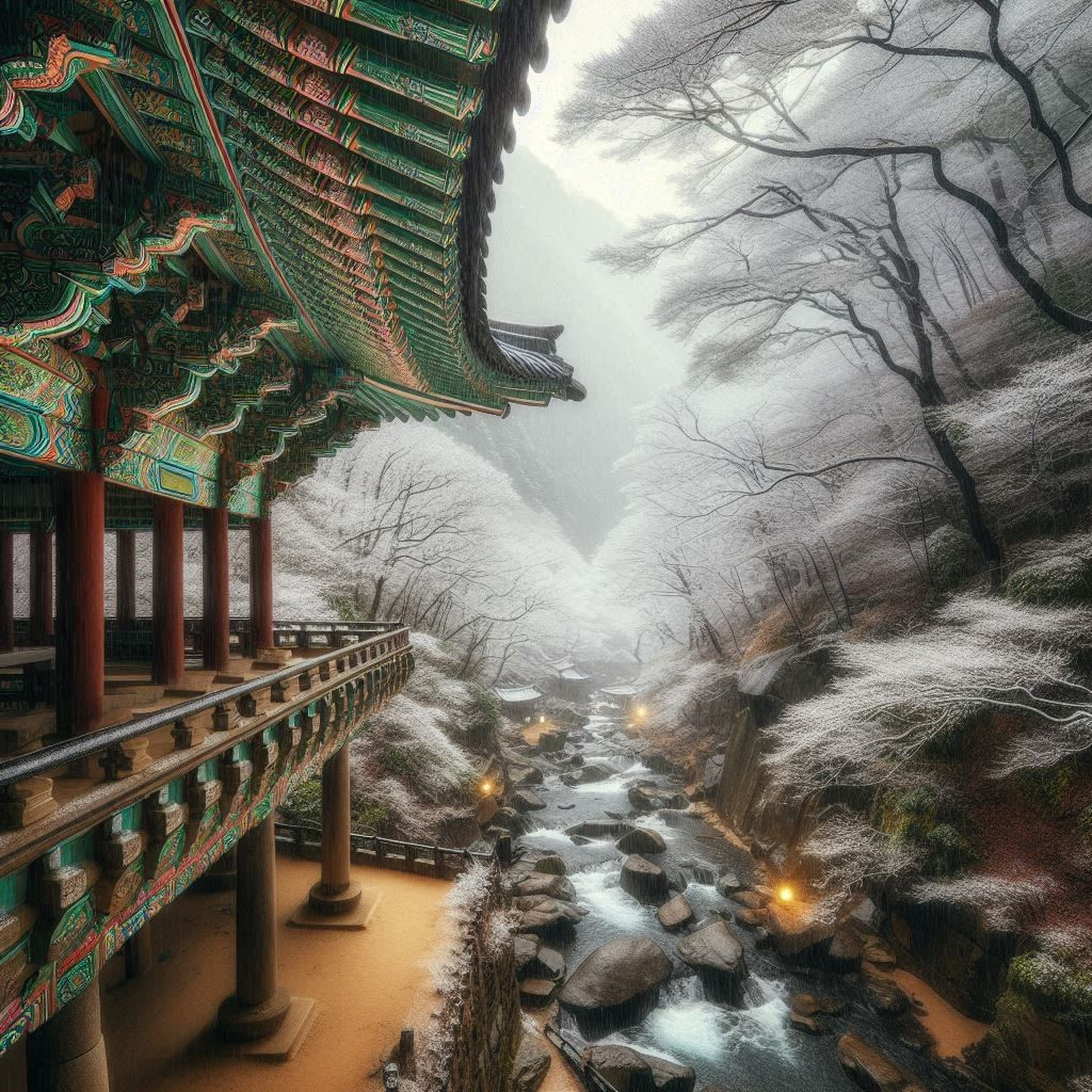 춘설 내린 한국 절 처마 밑에서 풍경-1.jpg
