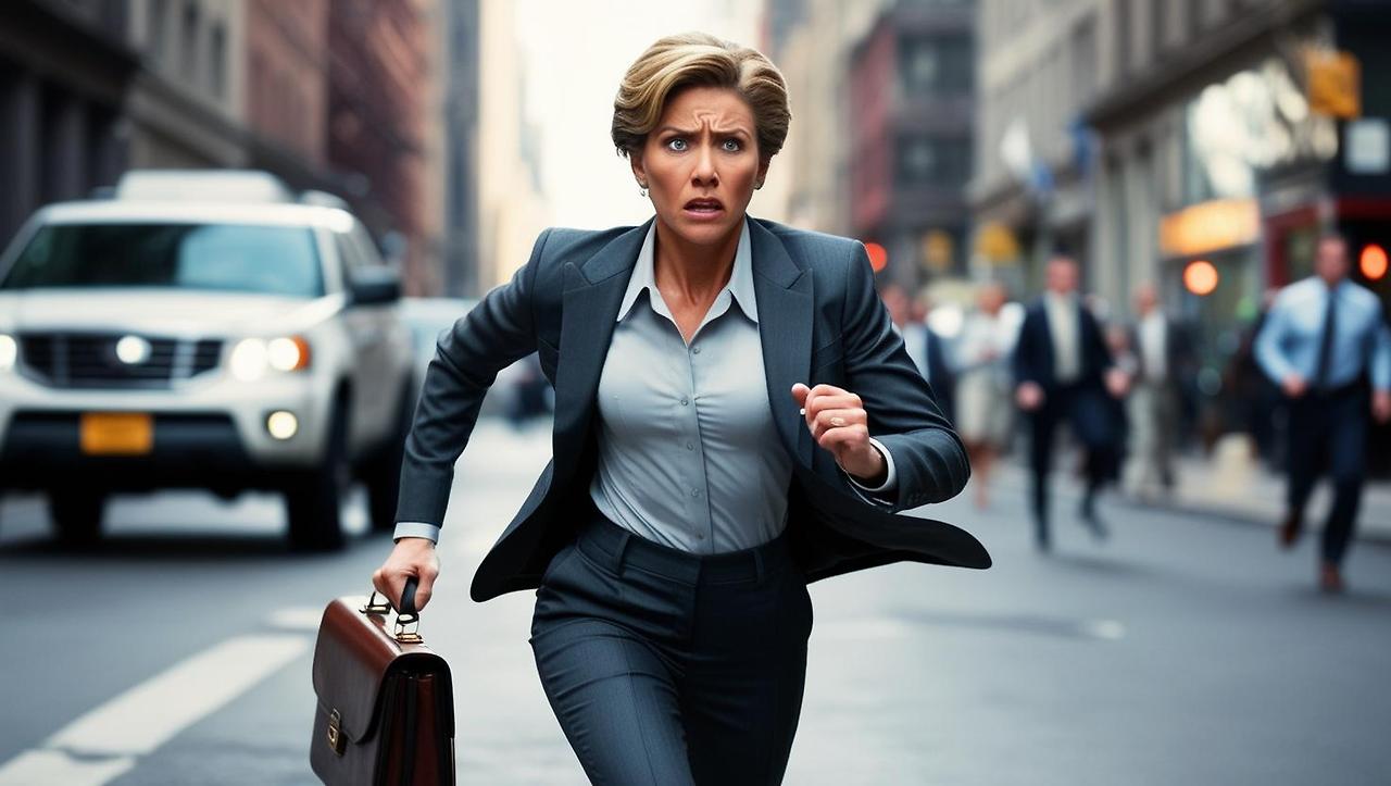 바쁘게 뛰어가는 정장입고 가방을 멘 엄마의 표정이 다소 다급하다. (1).jpg