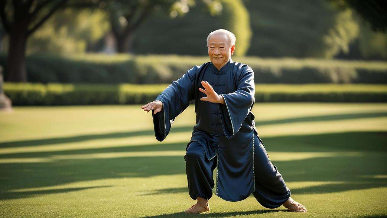 공원에서 중국 전통복장을 입고 태극권하는 할아버지.jpg