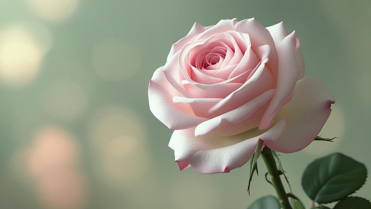 한송이 탐스러운 연분홍 외래종 장미과 꽃이 살짝 대각선 위에서 아래로 내려다본 시선으로 보임. 한송이 아주 활짝 피고 장미 줄기대는 거의 보이지 않게.jpg