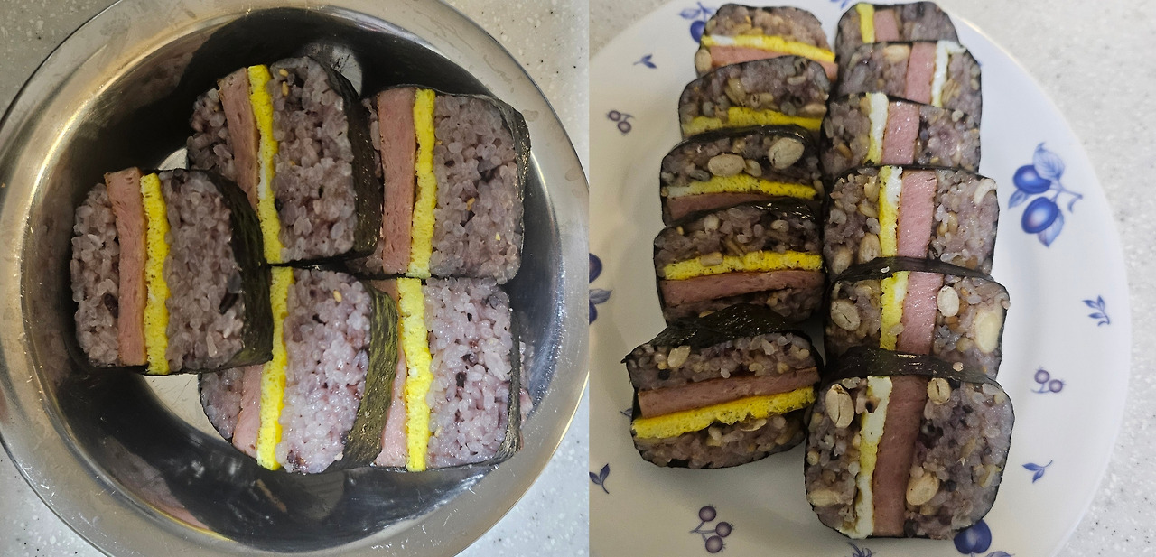 하와이언무스비 완성-왼쪽흑미밥-오른쪽 잡곡밥.jpg