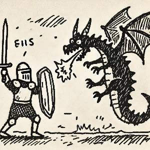 A poorly drawn warrior fighting a dragon..jpg