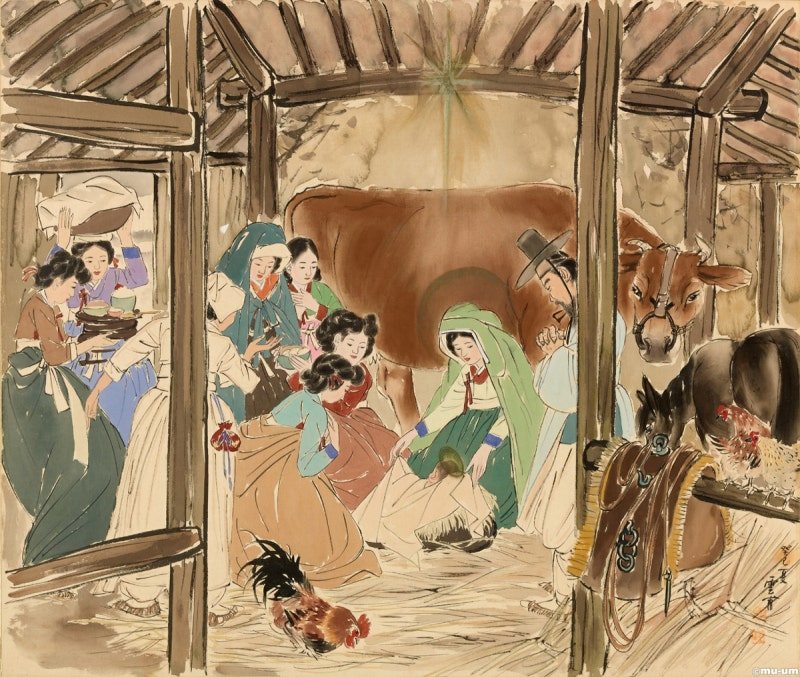 「아기 예수 탄생」, 1953. 그는 구암동 피난시절 고난 중에 평화를 희구하며 성화 30장을 그렸다..jpg
